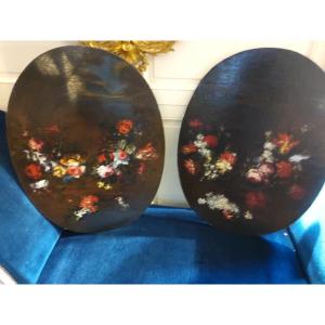 Pair Of Oil On Canvas Medallions Mounted On Wood, Bouquets Of Flowers, 17th Century